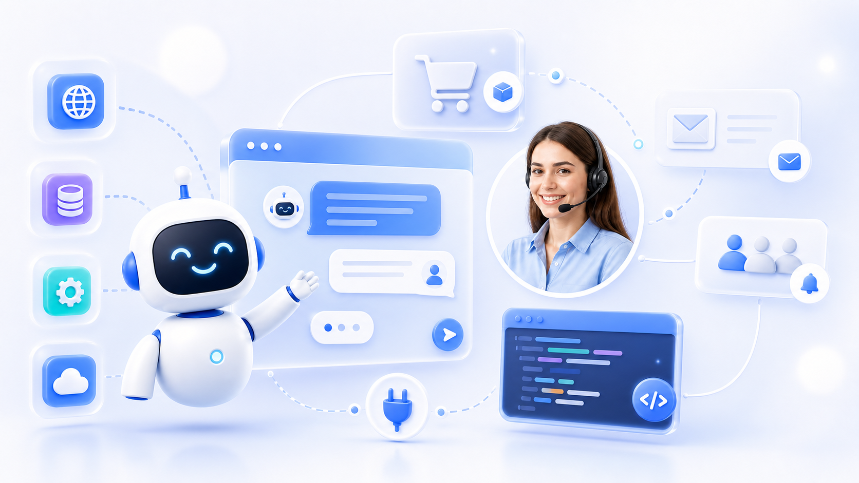 Dchat AI assistant and headset support agent with generic integration, code, and notification cards