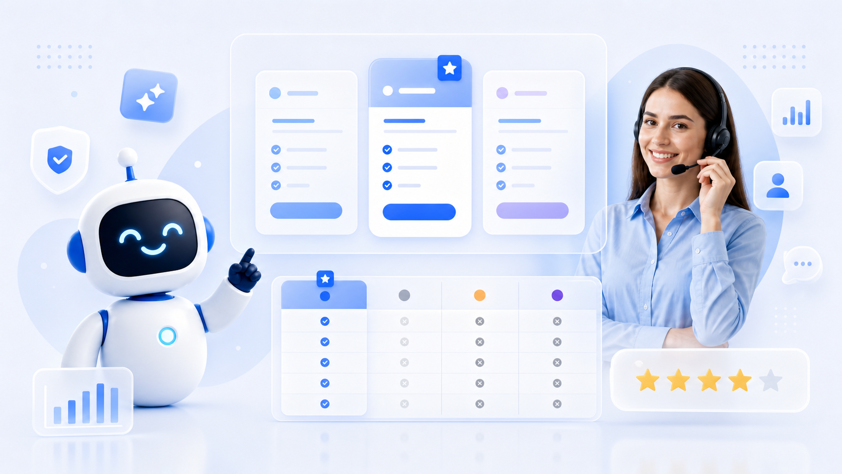 Dchat AI assistant and headset support agent with abstract comparison and value cards